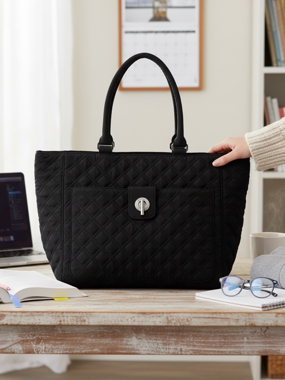 Vera Bradley Black Quilted Tote Bag with Turn-Lock Closure